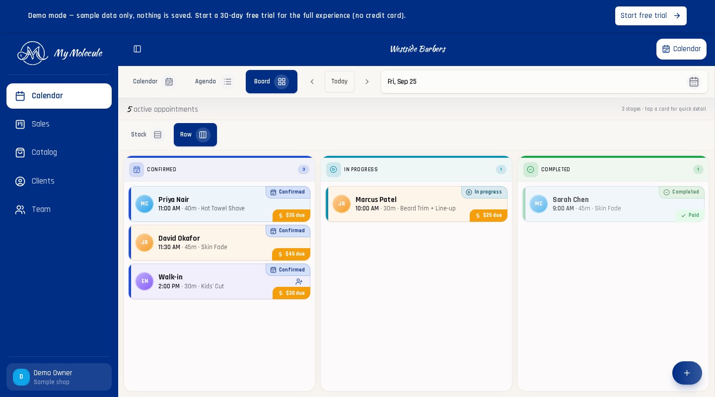 Actual Molecule board view with sample appointments grouped into Confirmed, In Progress, and Completed